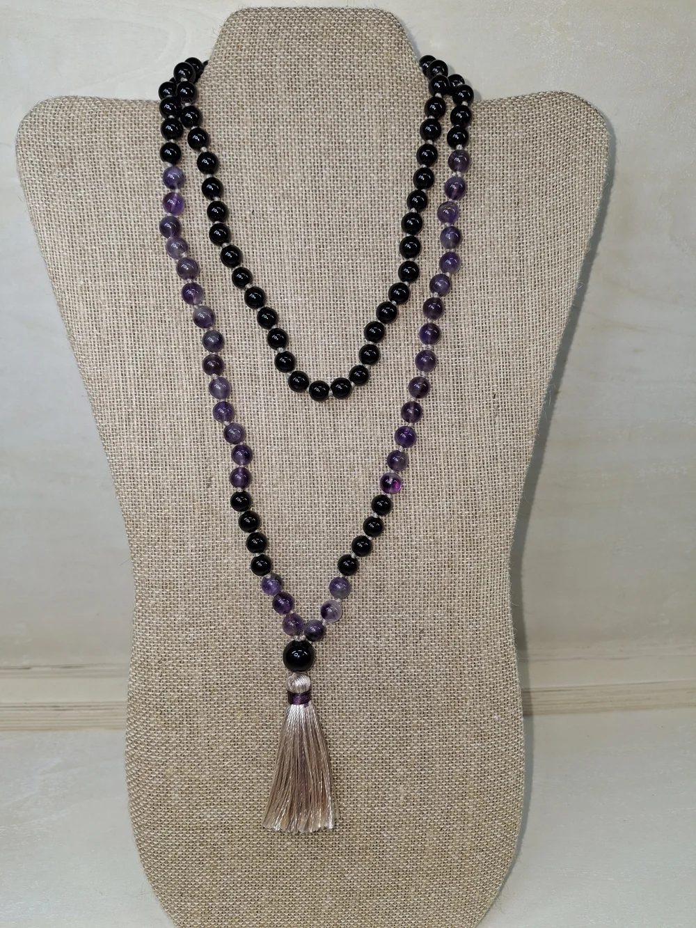 Beaded Long Strand Purple and Black Tassel Necklace
